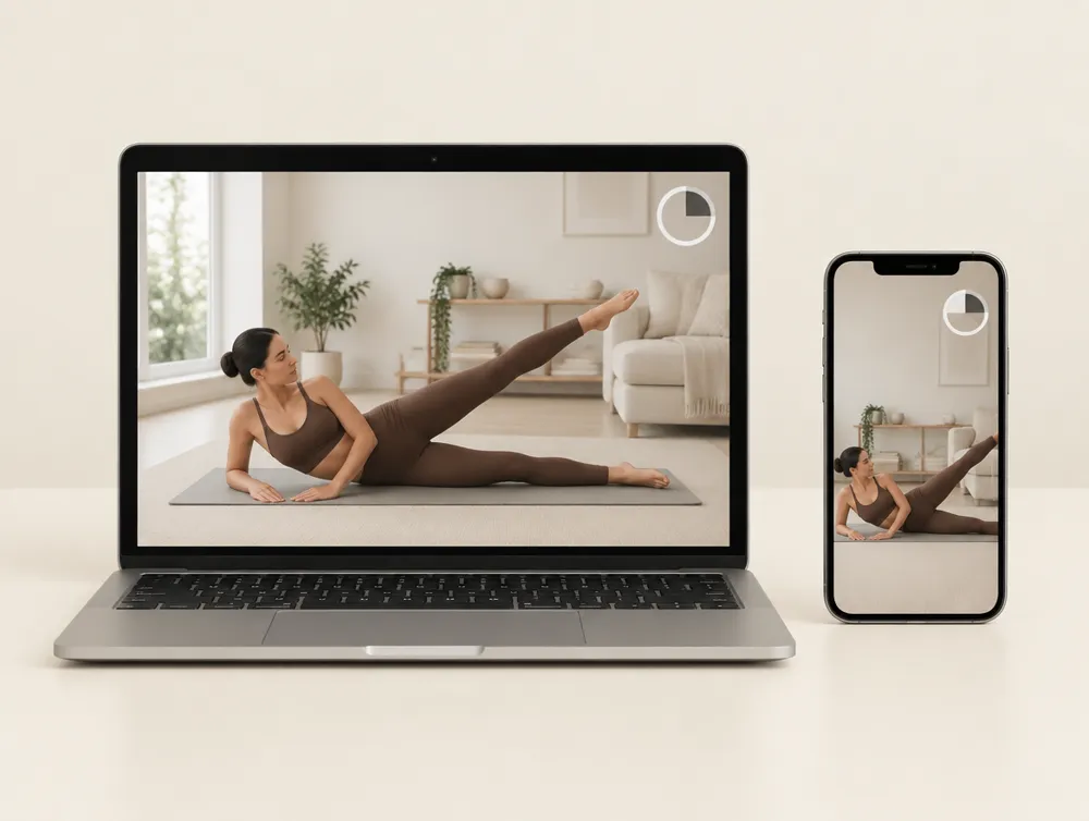 Aula de Pilates em vídeo no computador e no celular