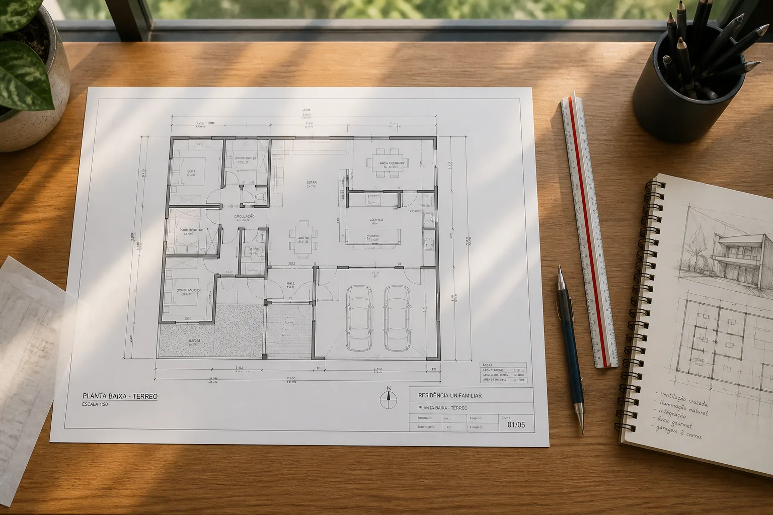 Planta baixa residencial sobre a mesa com escalímetro e lapiseira