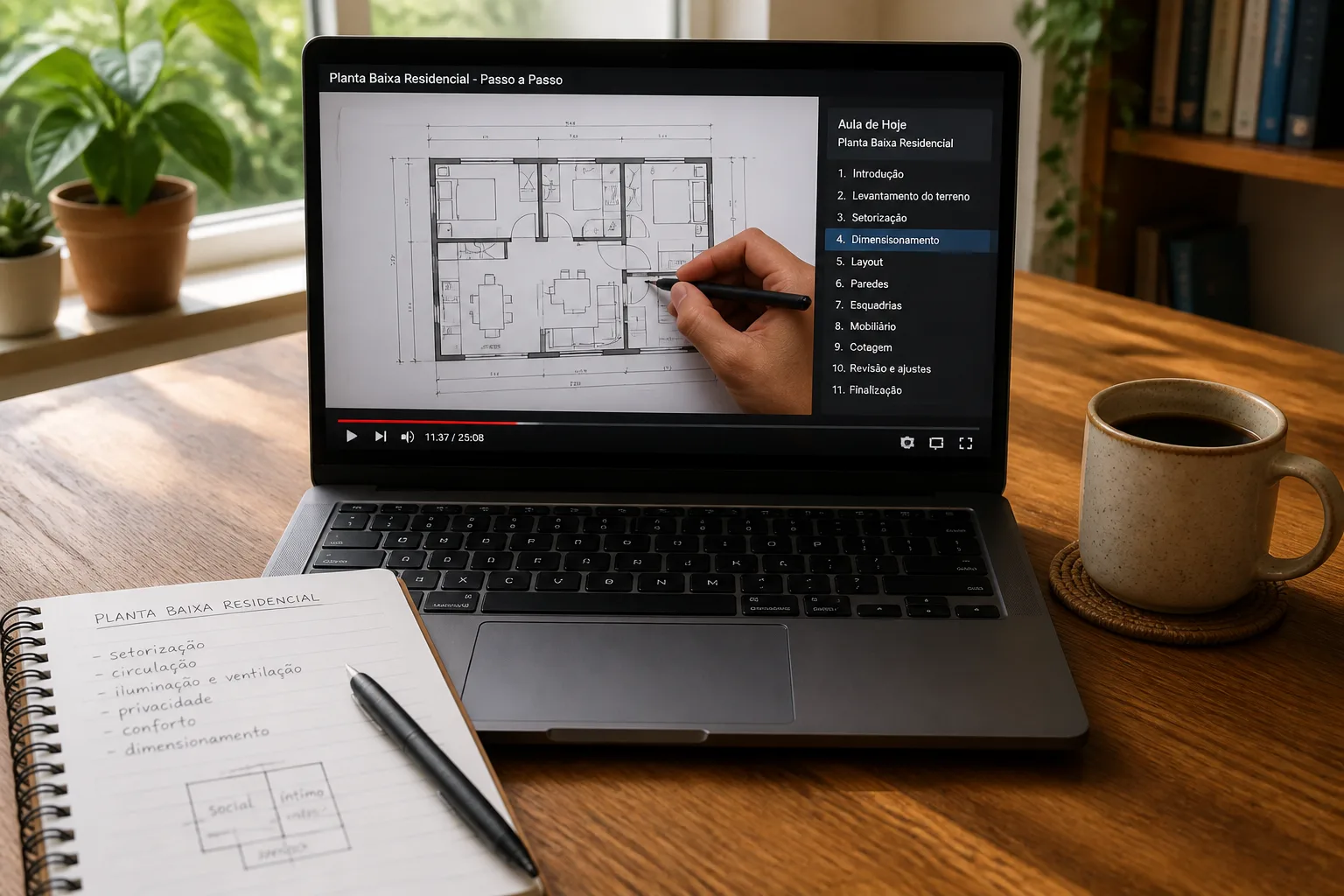 Aula em vídeo de projeto residencial na tela do notebook