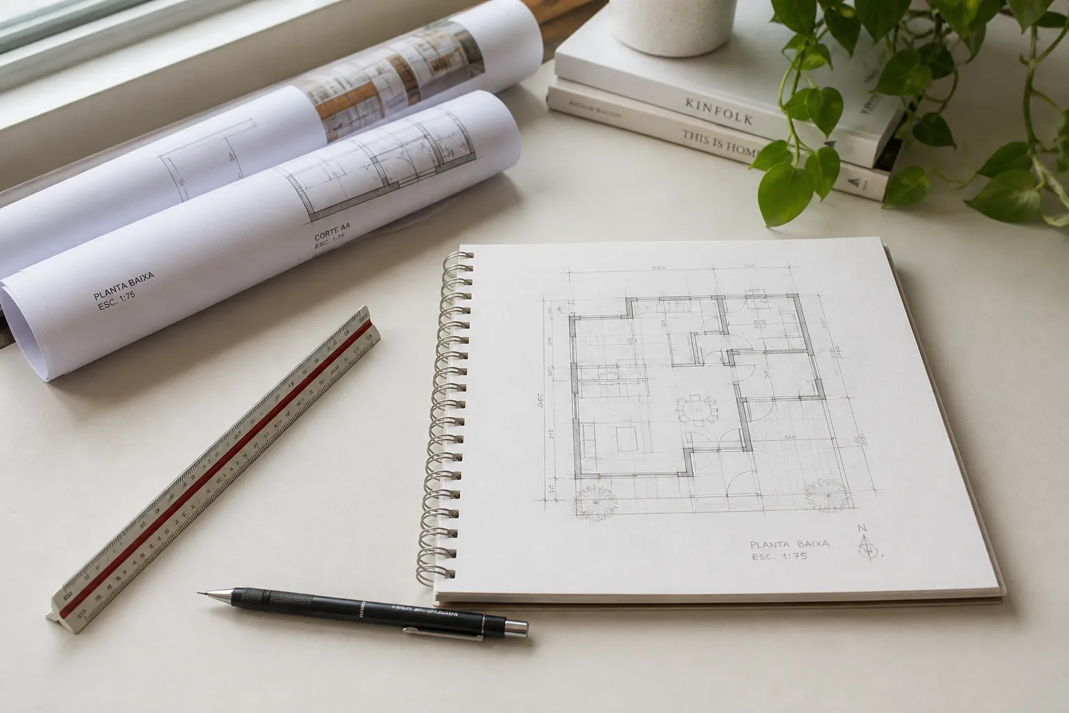 Pranchas, escalímetro e caderno de esboços sobre a mesa