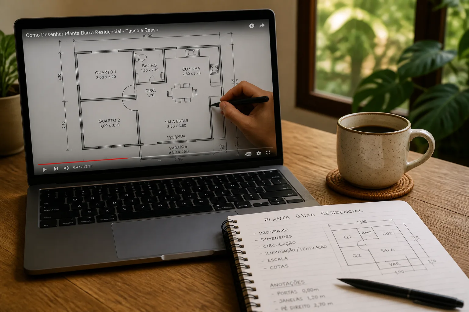 Aula em vídeo de projeto residencial na tela do notebook